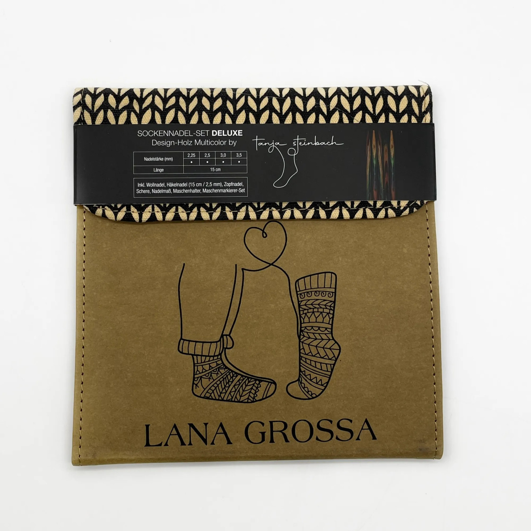 Набор чулочных спиц для вязания носков Lana Grossa дерево многоцветное бежевый чехол