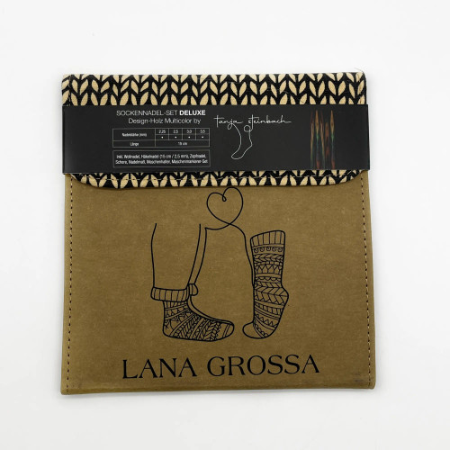 Набор чулочных спиц для вязания носков Lana Grossa дерево многоцветное бежевый чехол